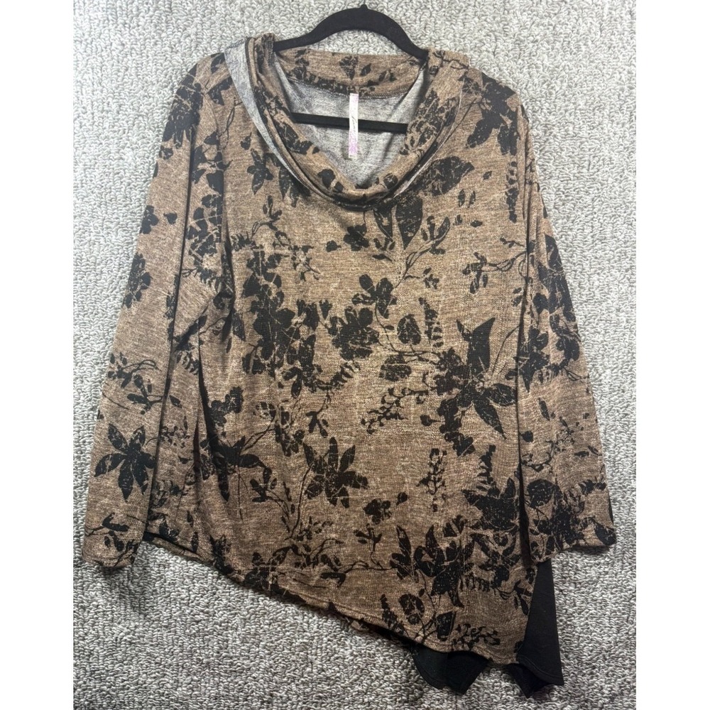 Harmony‎ Cowl Neck Floral Print Top Long Sleeve Brown Black - Womens 3X